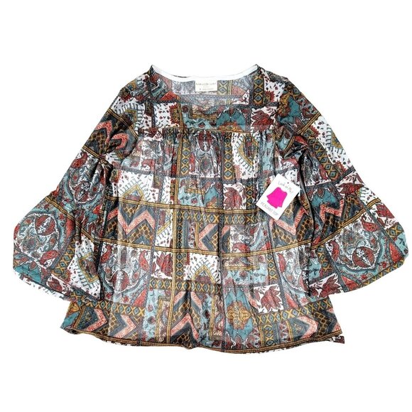 Bobbie Brooks Womens Peasant Top Brown Blue Paisley Size Small NWT  JH1537 - Picture 1 of 5